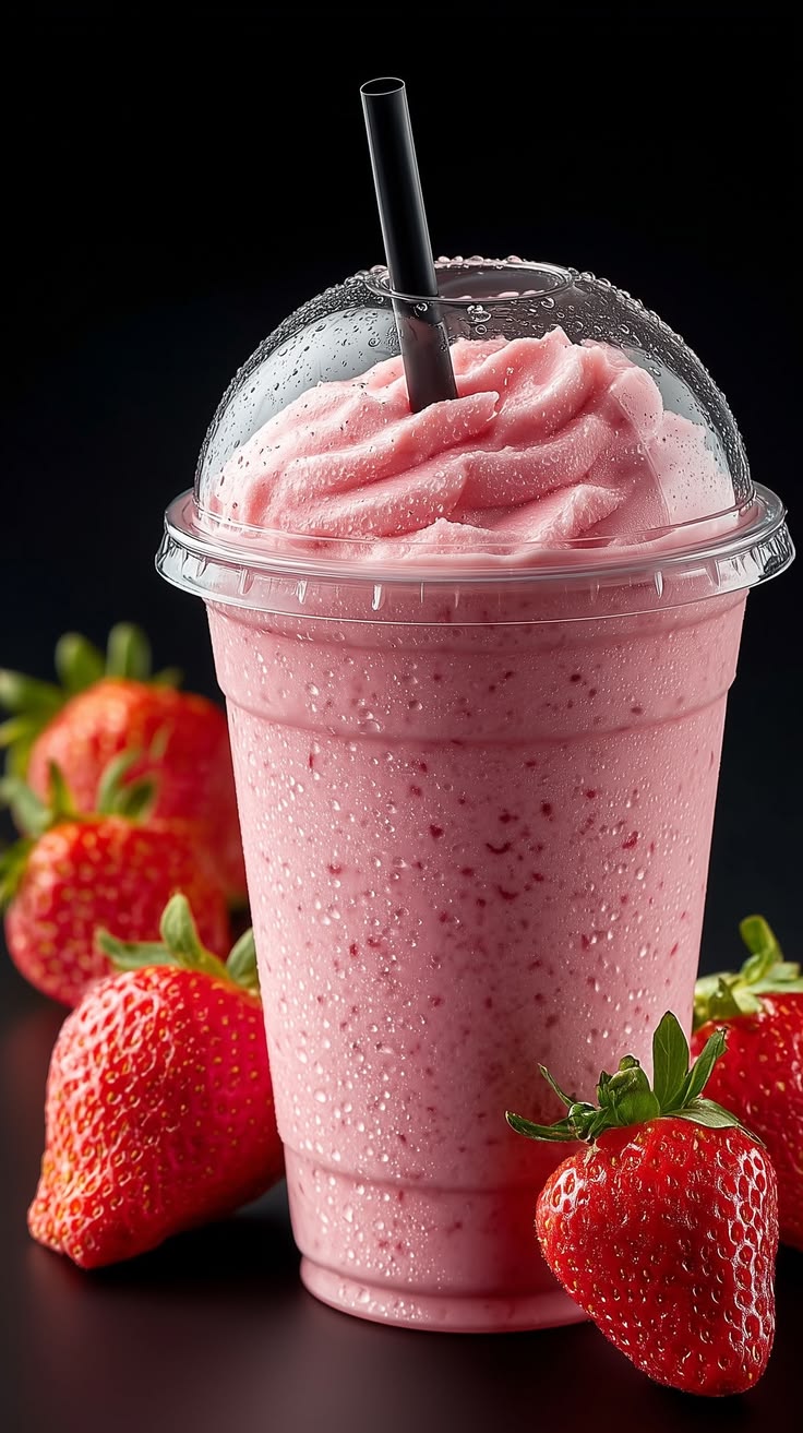 Cold strawberry shake topped with whipped cream and fresh strawberries