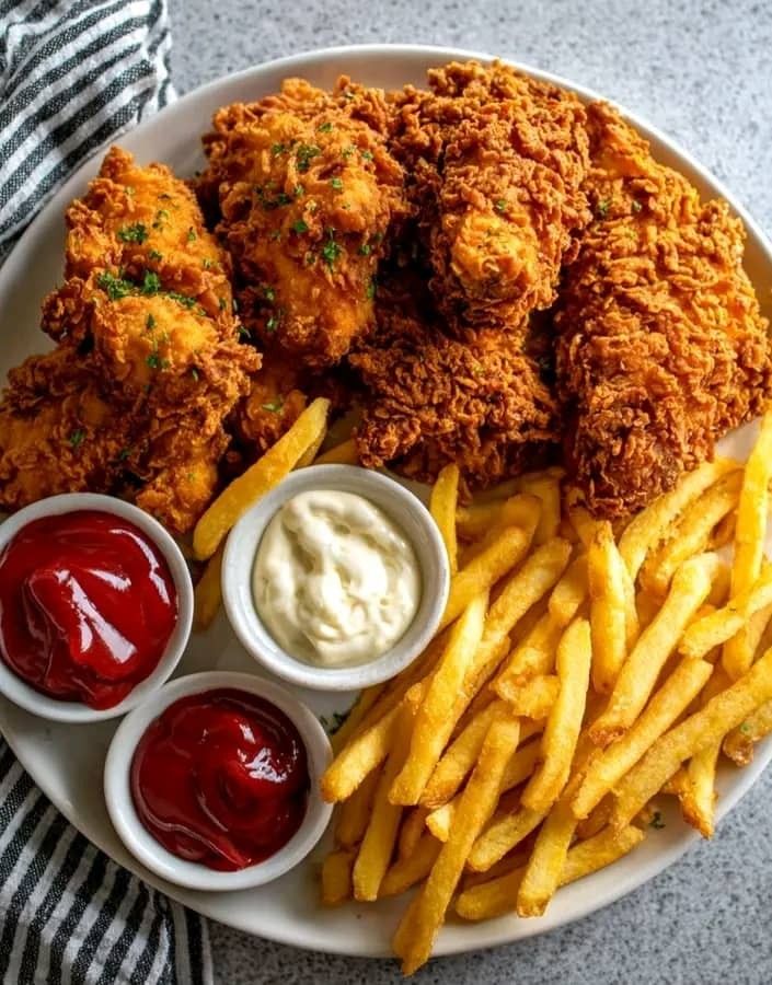 Crispy chicken served with golden fries and dipping sauces
